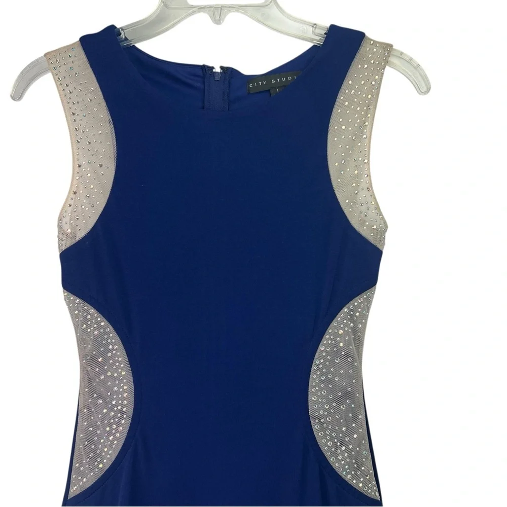 City studio Women’s Dress Sz 1 Blue/Cream Color Mesh W/Bling Sleeveless Back Zip